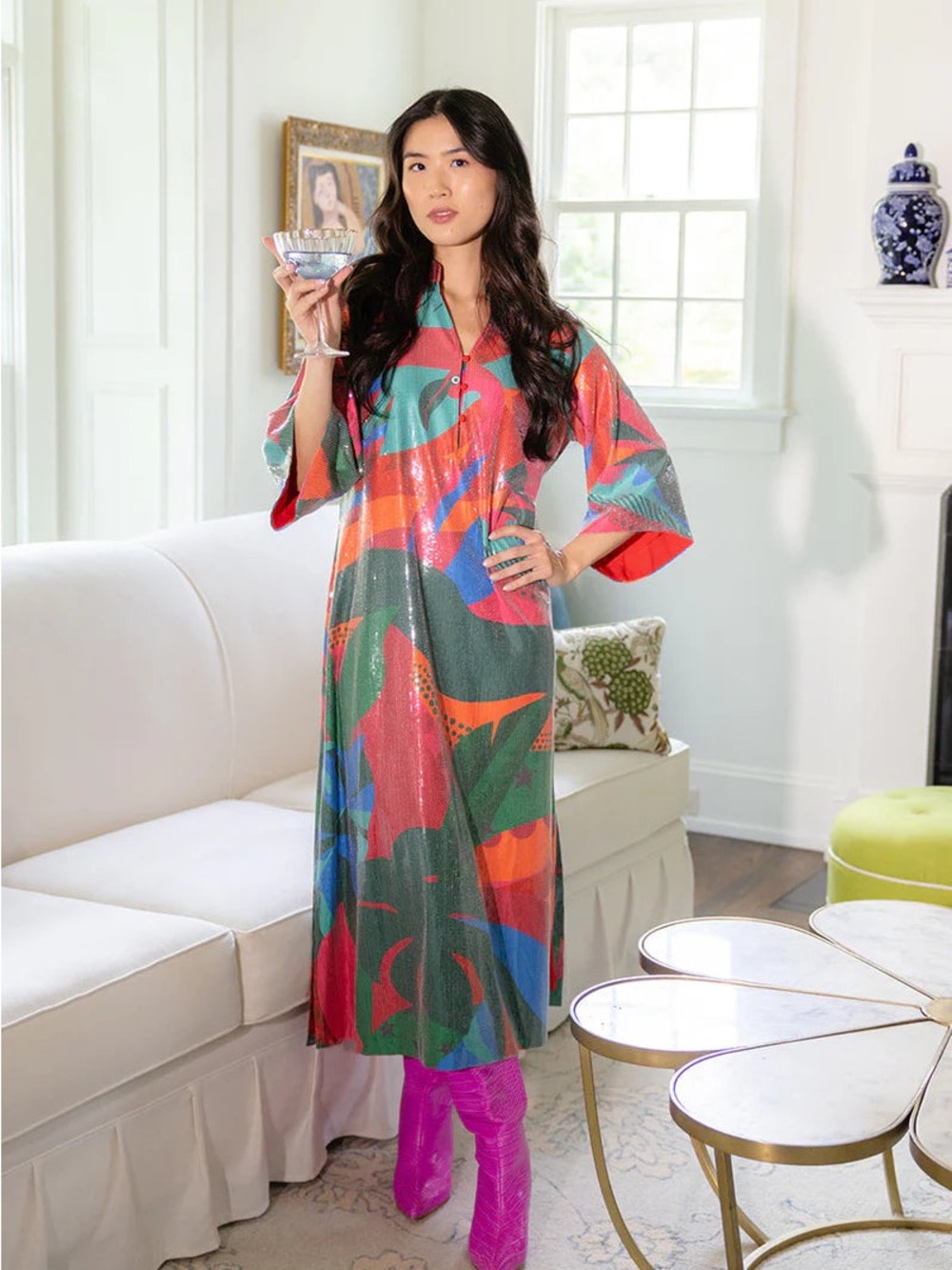 NWT Alden Adair Pink Green Tropical Jingle Jerry Full Sequin Maxi Caftan Dress M